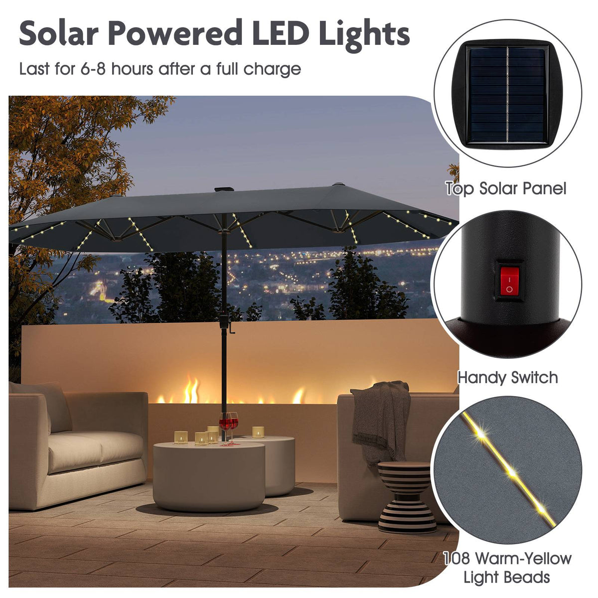 13 Ft Double-Sided Patio Umbrella – Solar LED, Crank