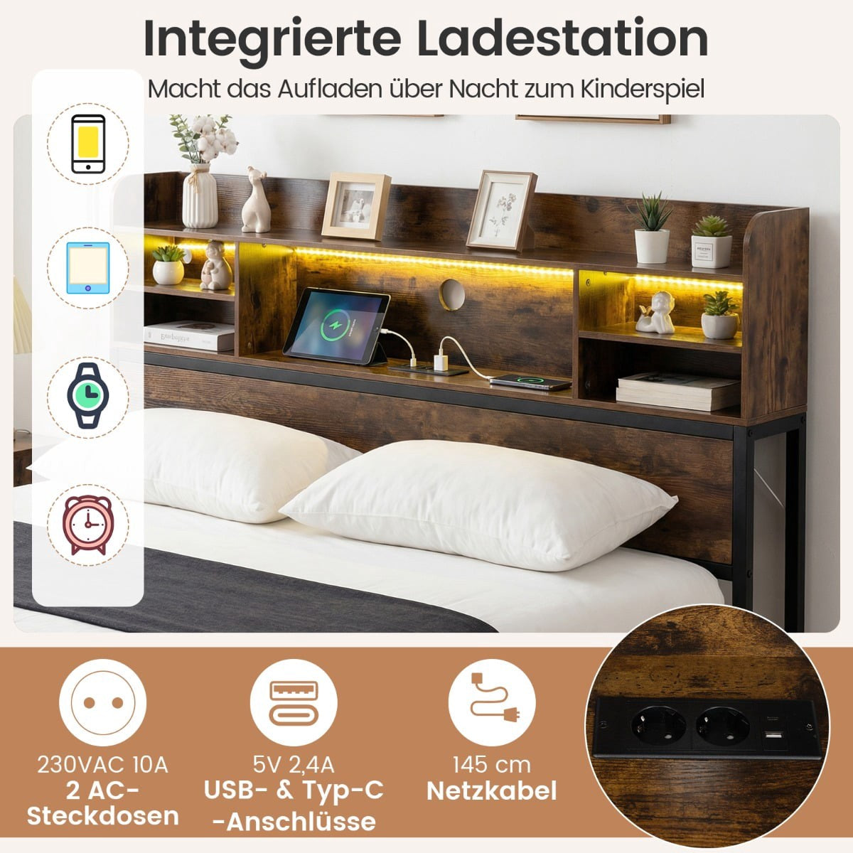 140 x 200 cm Bed Frame with LED Lights & Charging Station