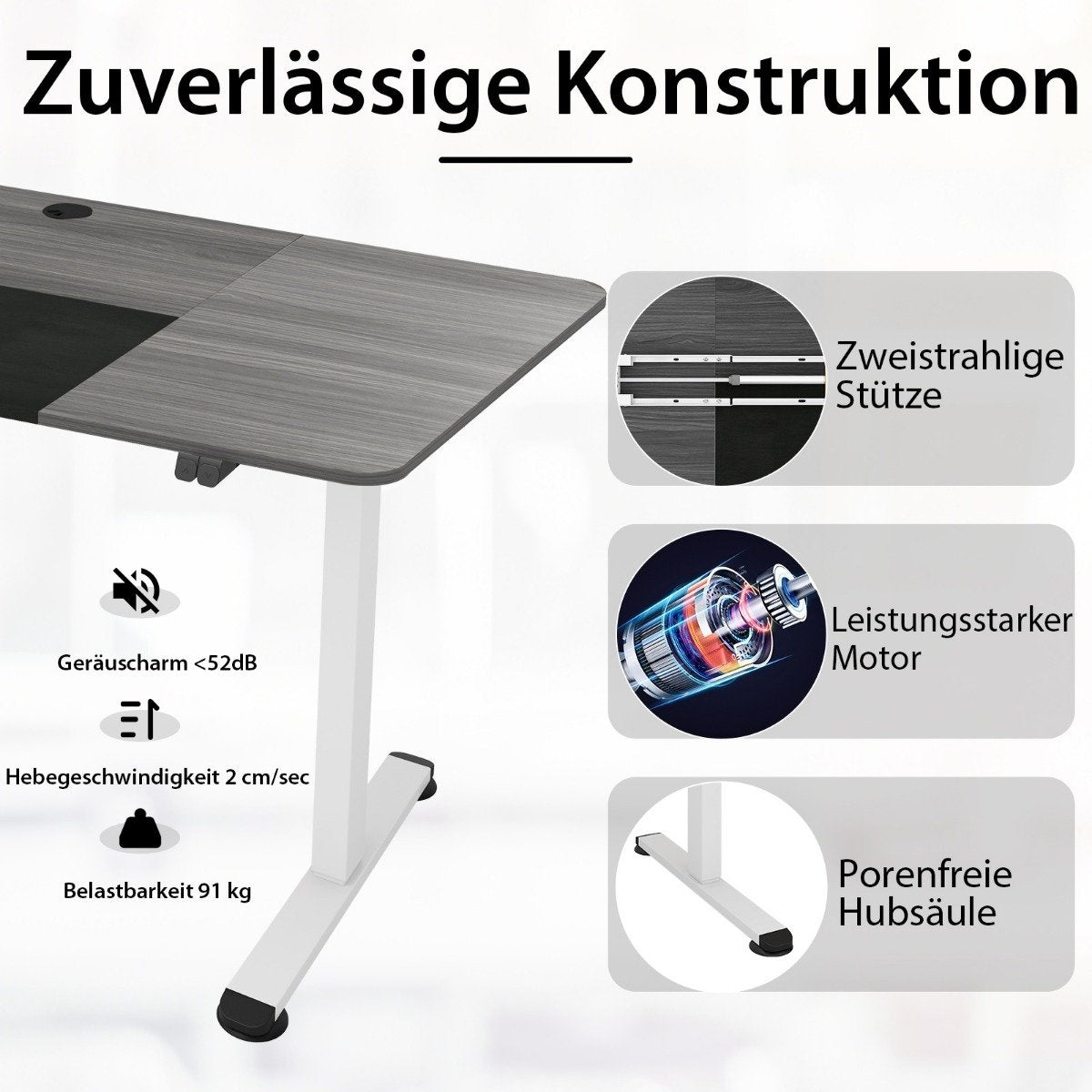 140 x 70 cm Electric Height Adjustable Desk with Stop Mechanism & Hooks Dark Gray