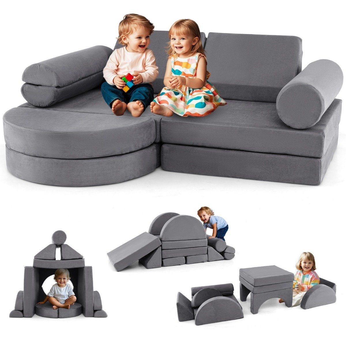 14-piece modular children's sofa, foam play sofa, building block sofa for climbing and crawling, gray