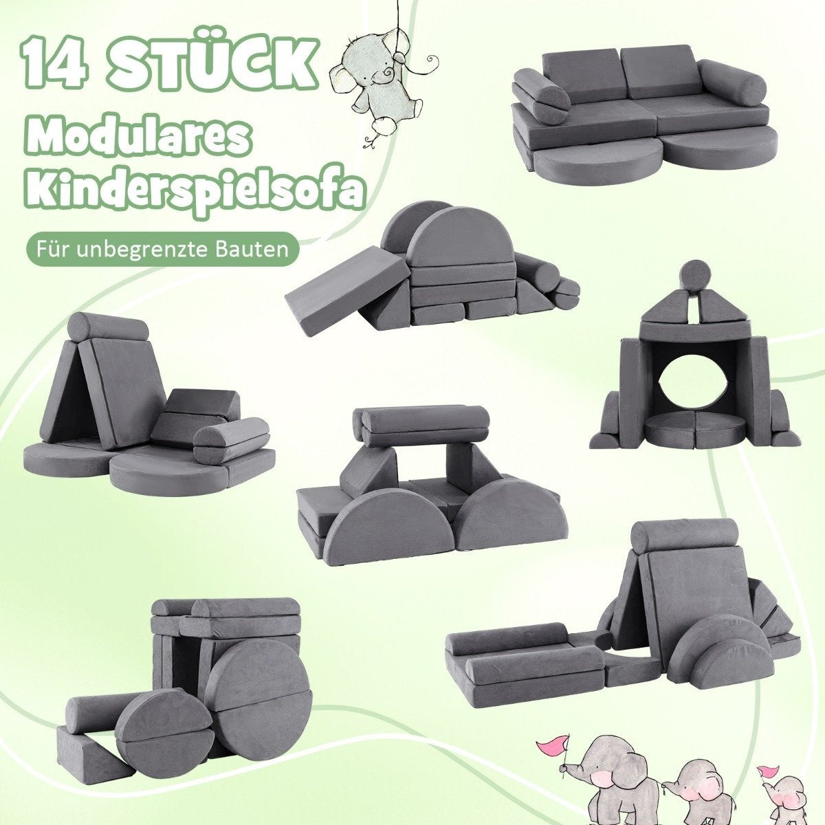14-piece modular children's sofa, foam play sofa, building block sofa for climbing and crawling, gray