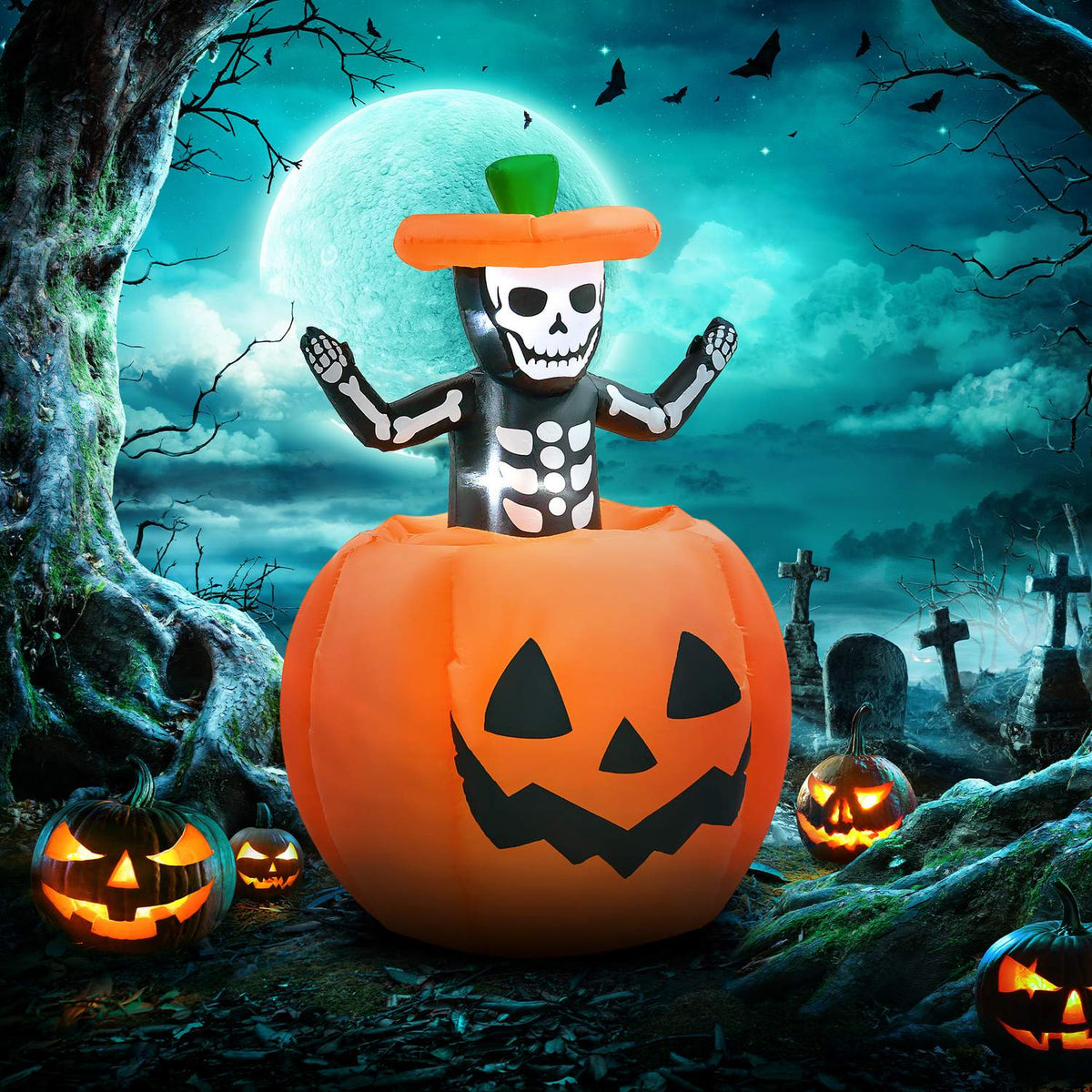 150 cm Inflatable Halloween Pumpkin with Skeleton Halloween Decorations Halloween Decoration Helloween Garden Decoration with LED Lights Waterproof Indoor Outdoor Halloween Party