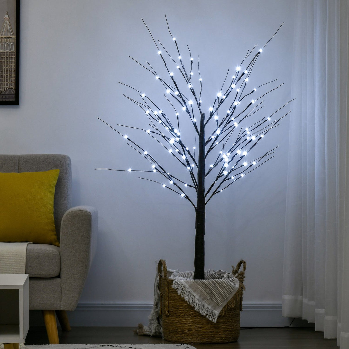 150 cm artificial birch tree with 96 LED lights and artificial snow for Christmas decorations and celebrations, ideal for parties, weddings