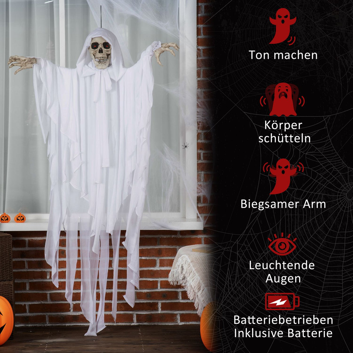 153 Cm Halloween Decoration Horror Ghost Hanging Skeleton Skull Ghost Eye Glow With Special Effects And Sound Function White
