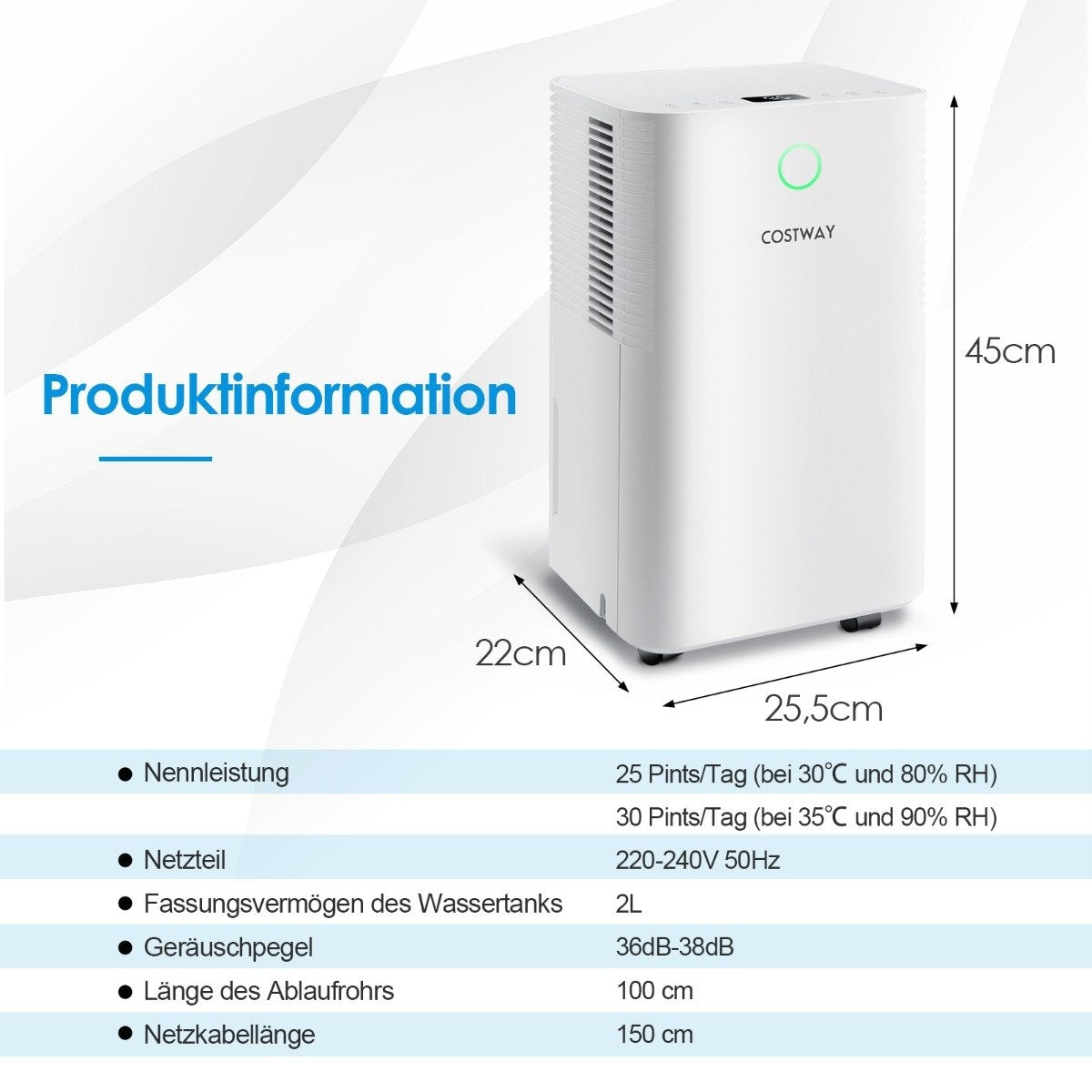 15㎡ Dehumidifier 15L Dehumidifier with 3 Modes Mobile Dehumidifier 25.5 x 22 x 45 cm White
