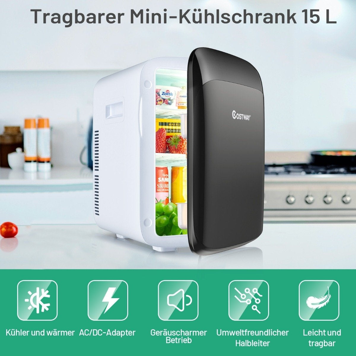 15 L Mini Fridge 2 in 1 Cooling and Heating Function Portable Freezer 27 x 33 x 38 cm White + Black Energy Class E