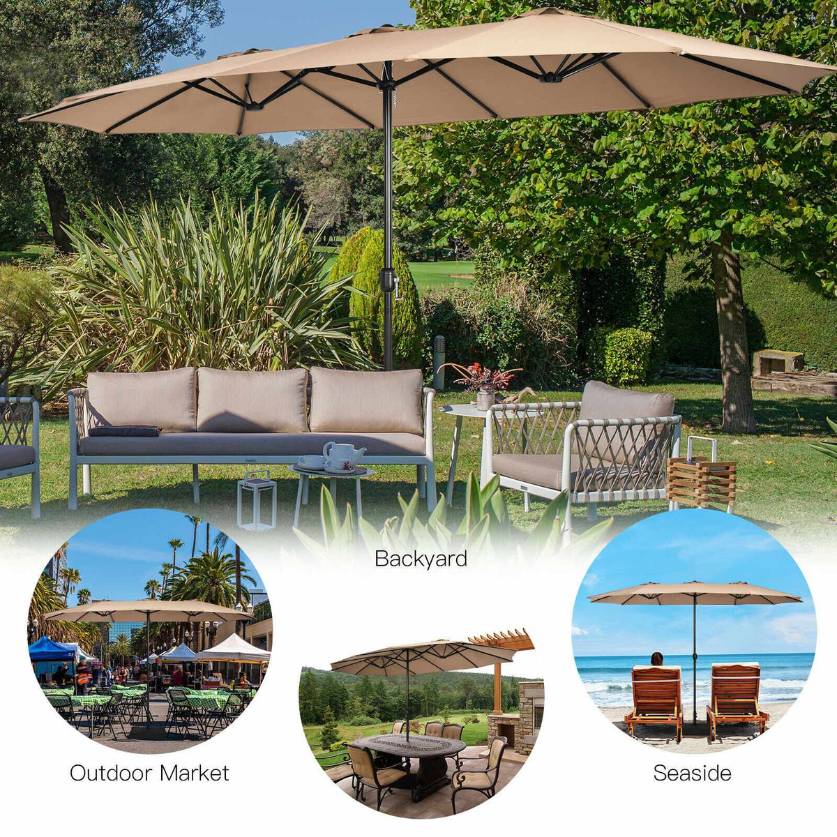15ft Double-Sided Patio Umbrella With Crank and Base, Coffee