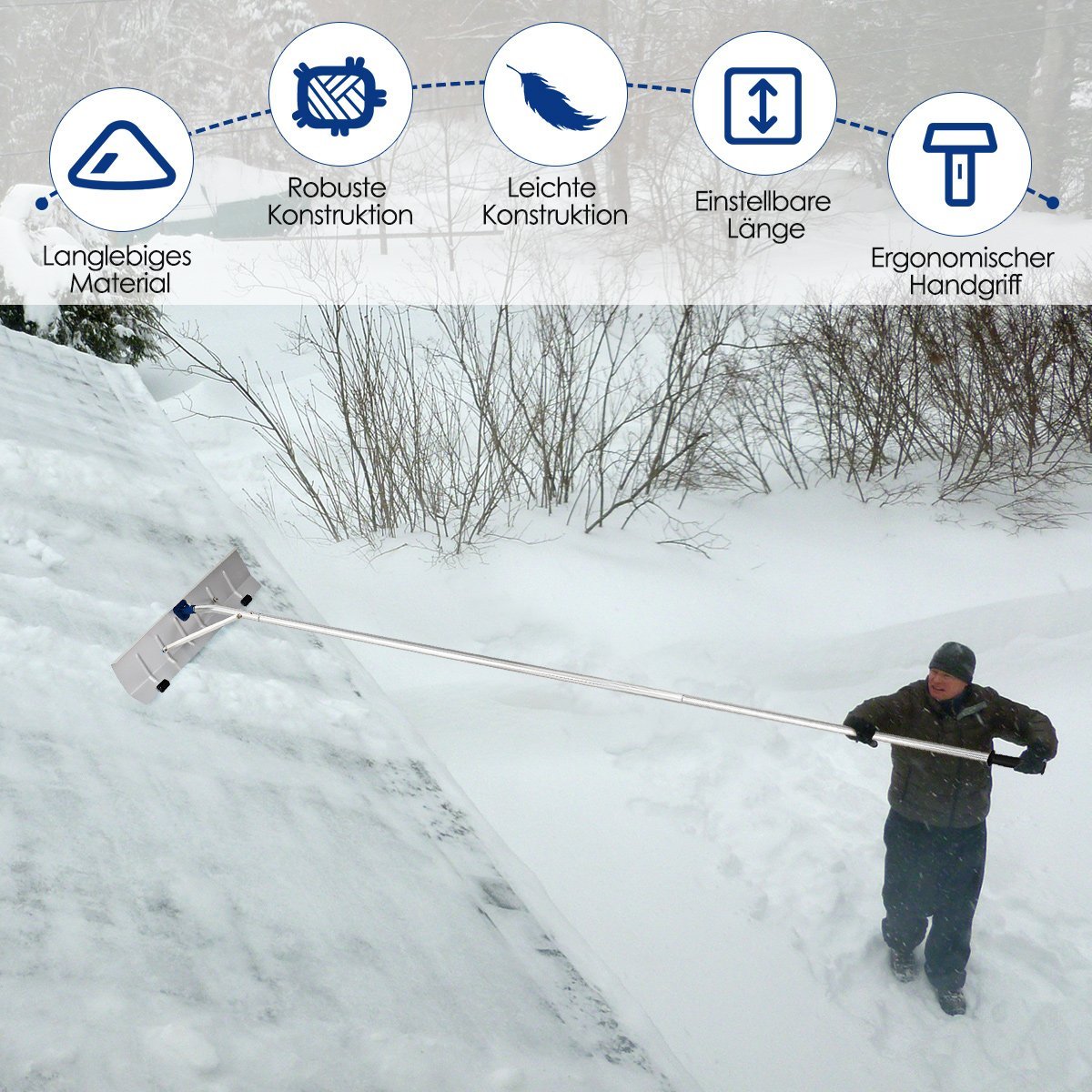 160 - 610 cm roof snow clearer made of aluminum + TPE with wheels and extendable handle snow shovel silver