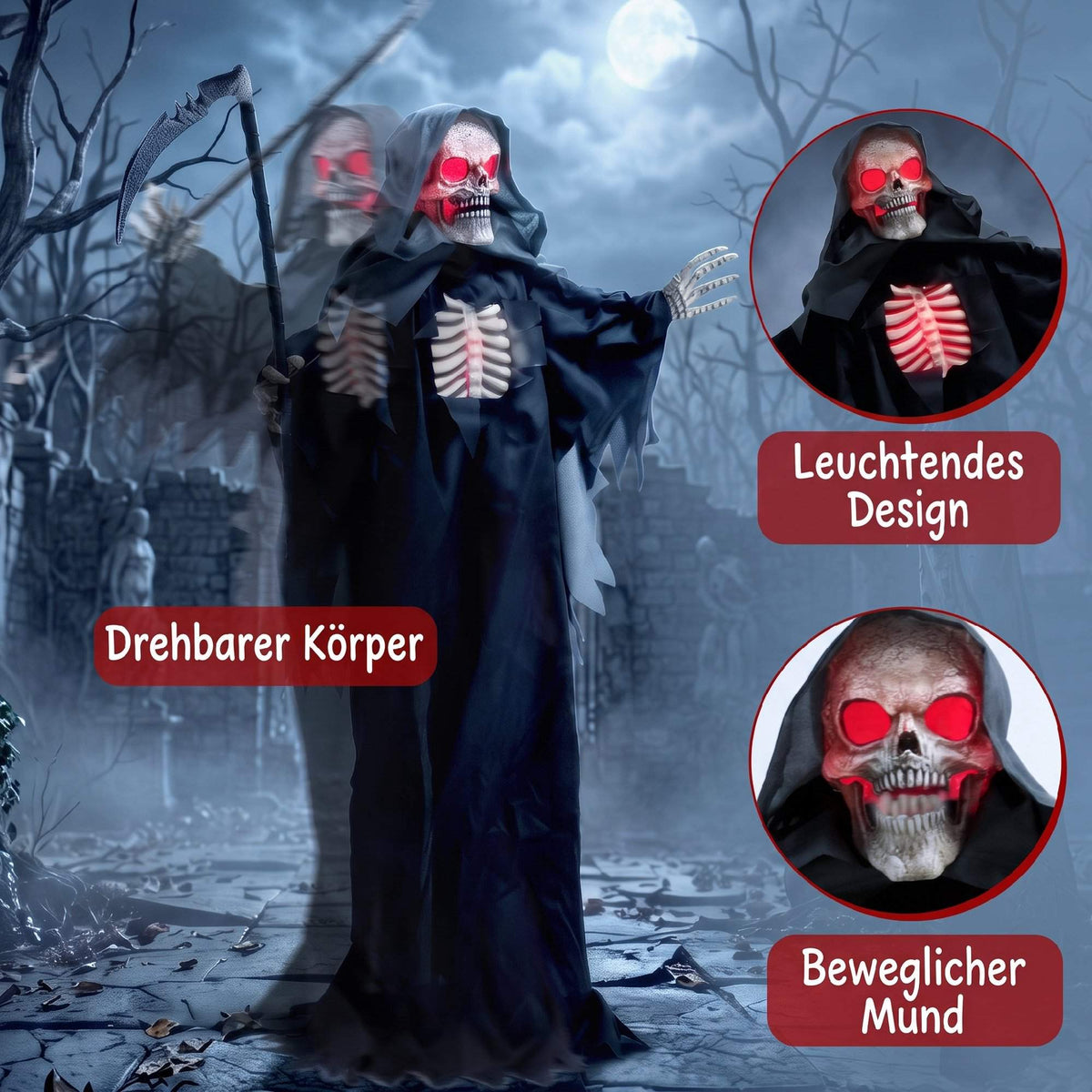 170 cm Animated Grim Reaper Halloween Decor with Lights