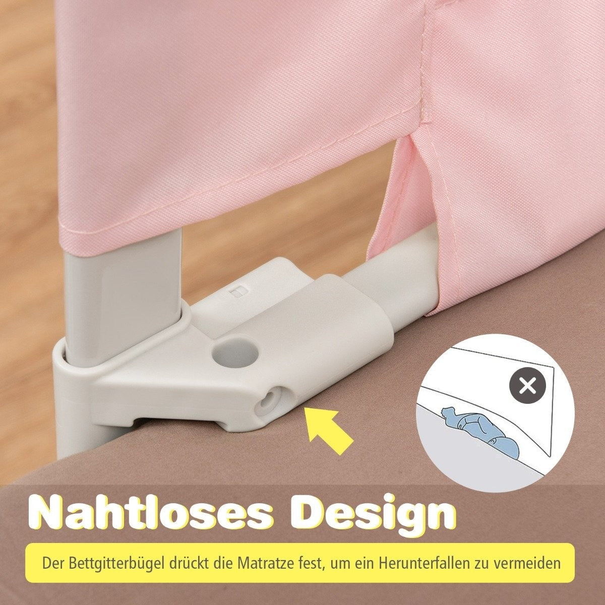 175 cm bed rail with 24 adjustable heights & side pocket bed guard pink