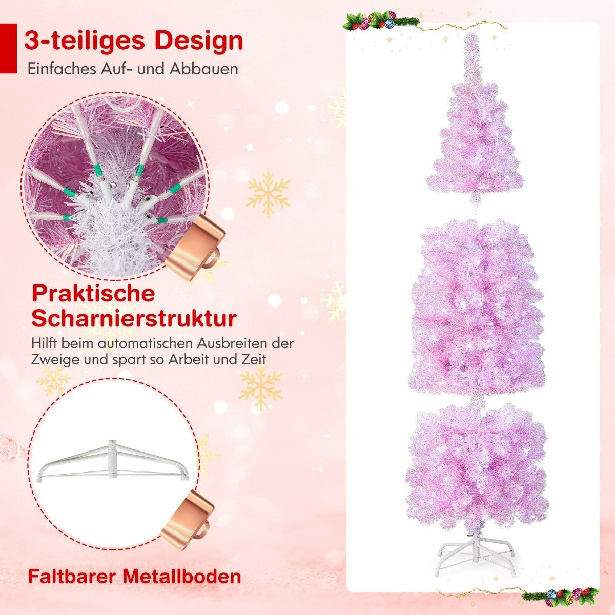 180 cm Artificial Pencil Christmas Tree with 250 Cool White LEDs Slim Christmas Tree Pink