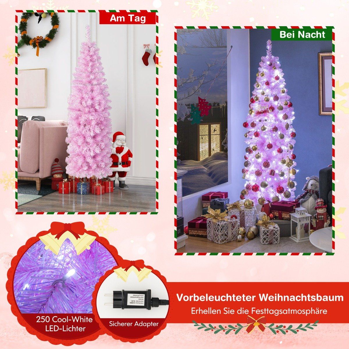 180 cm Artificial Pencil Christmas Tree with 250 Cool White LEDs Slim Christmas Tree Pink