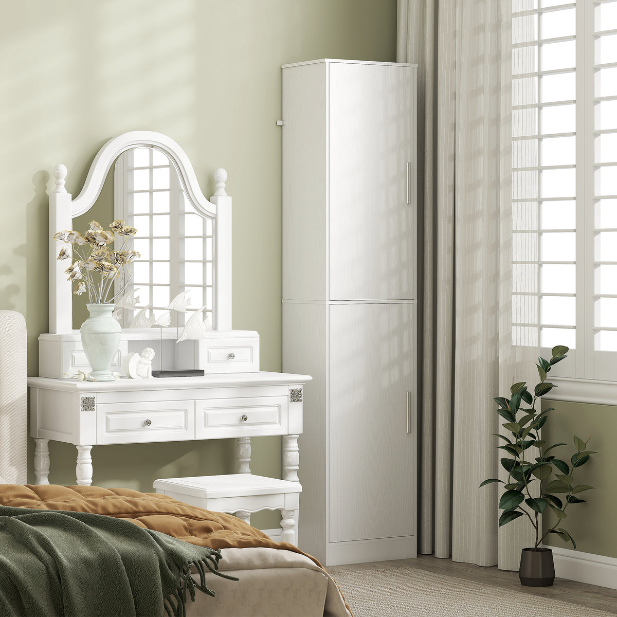 180 cm high bathroom cabinet, narrow bathroom cabinet with 2 doors, 4 adjustable shelves, chipboard, MDF, white
