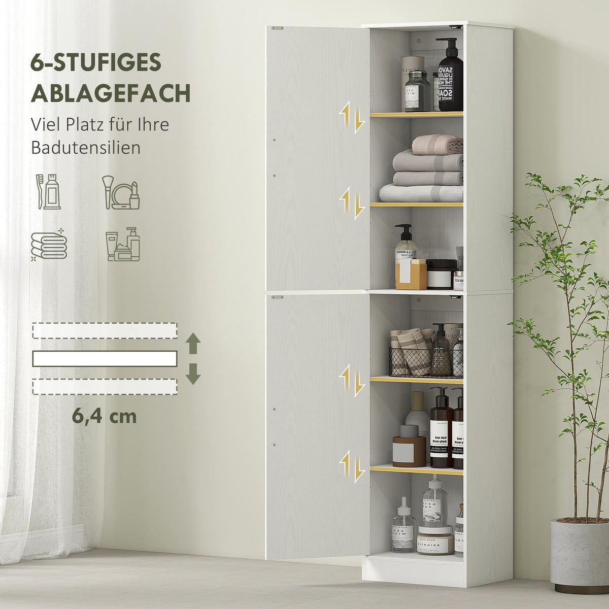 180 cm high bathroom cabinet, narrow bathroom cabinet with 2 doors, 4 adjustable shelves, chipboard, MDF, white