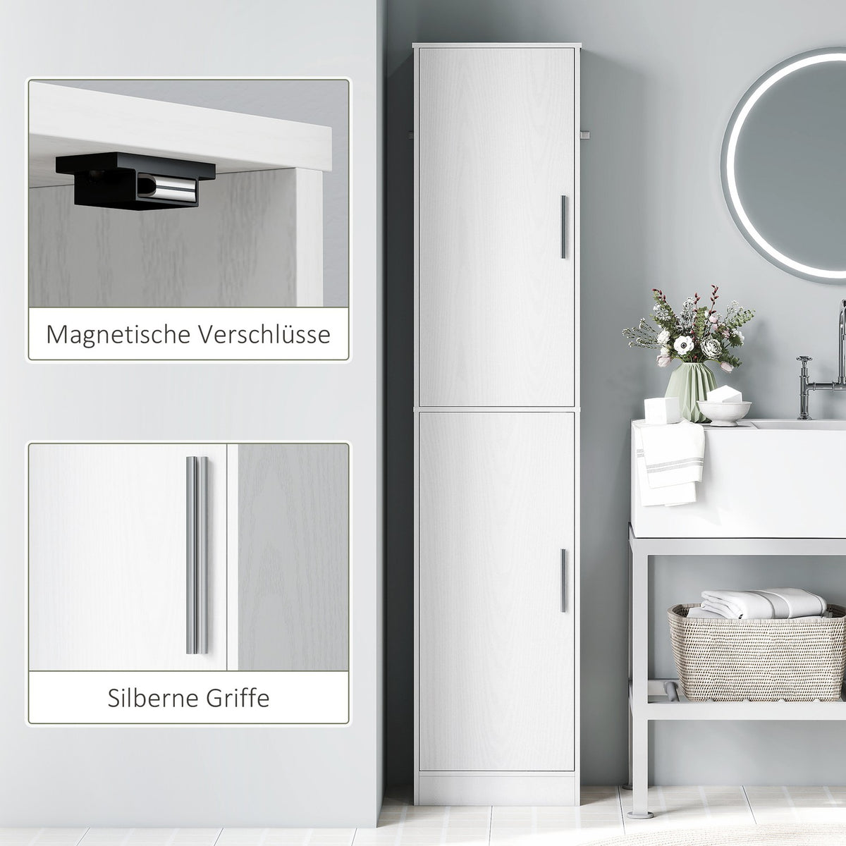 180 cm high bathroom cabinet, narrow bathroom cabinet with 2 doors, 4 adjustable shelves, chipboard, MDF, white