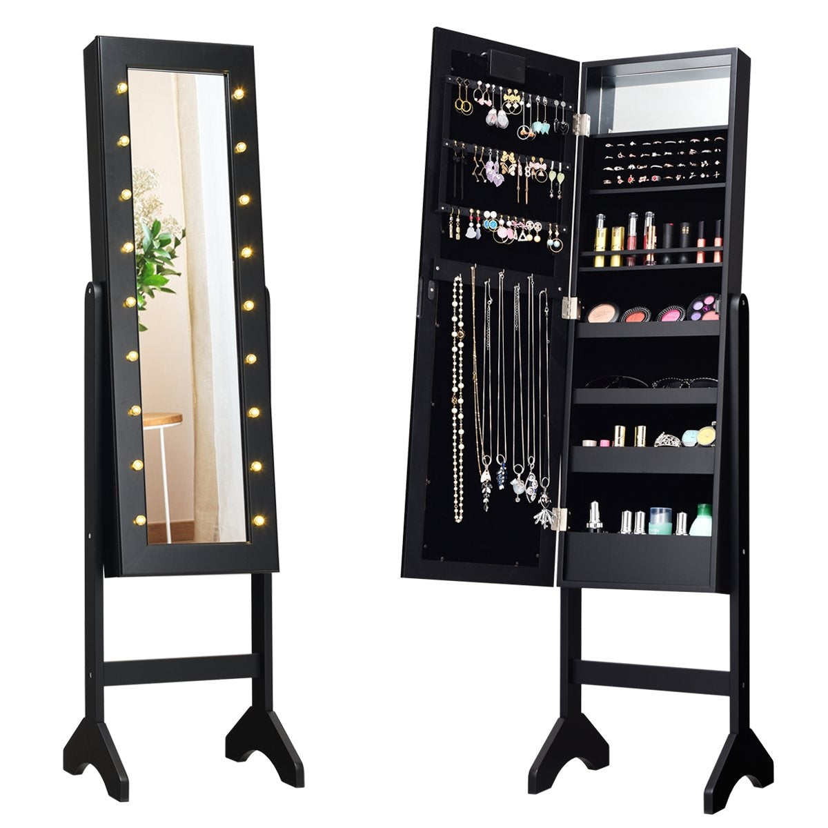 18 LED jewelry cabinet tilt-adjustable standing design jewelry shelf with full-length mirror 35 × 31.5 x 145 cm black