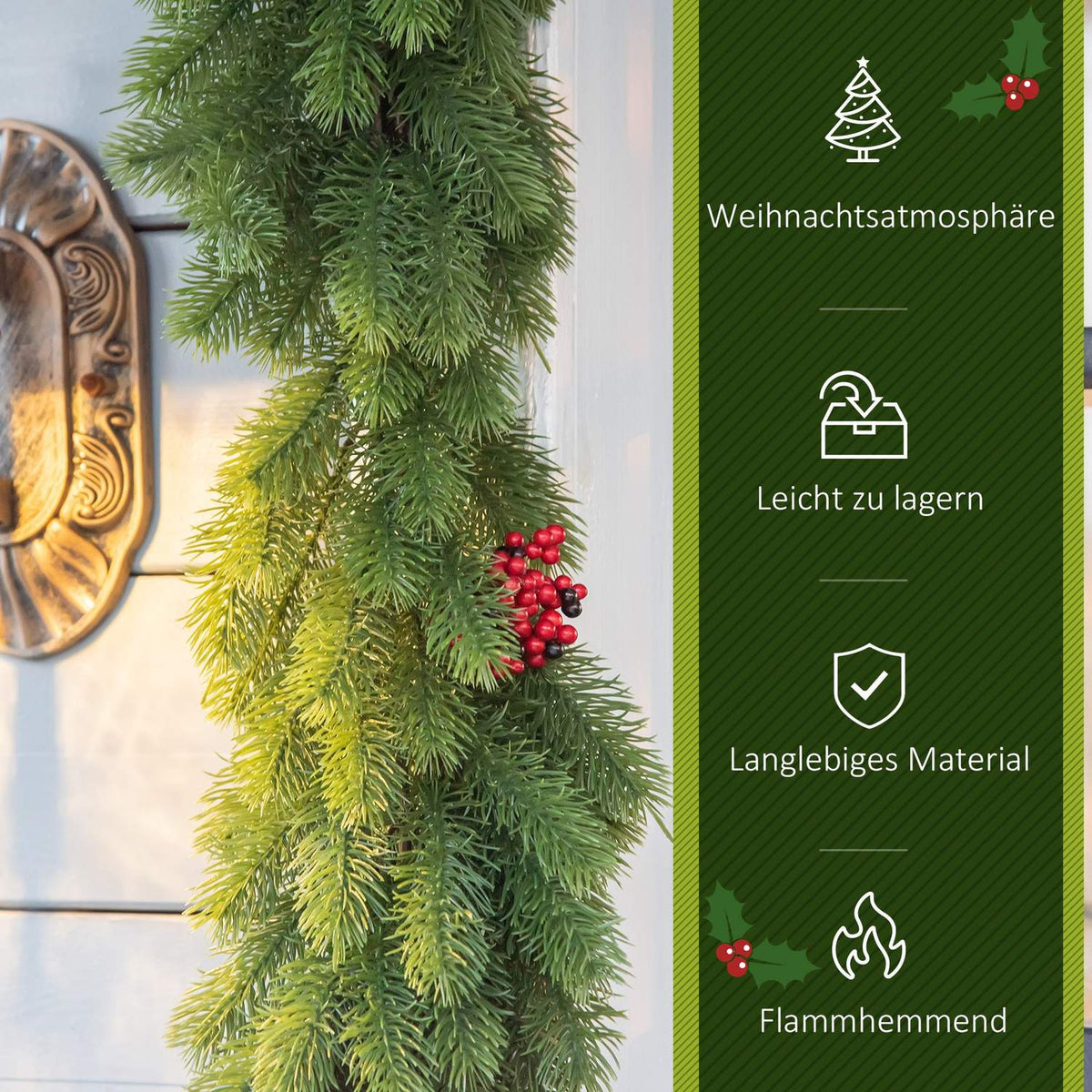 1.9M Artificial Christmas Garland Flower Decoration with Pine Cones Berries Christmas Garland Fir Tree for Stairs Fireplace PE Green
