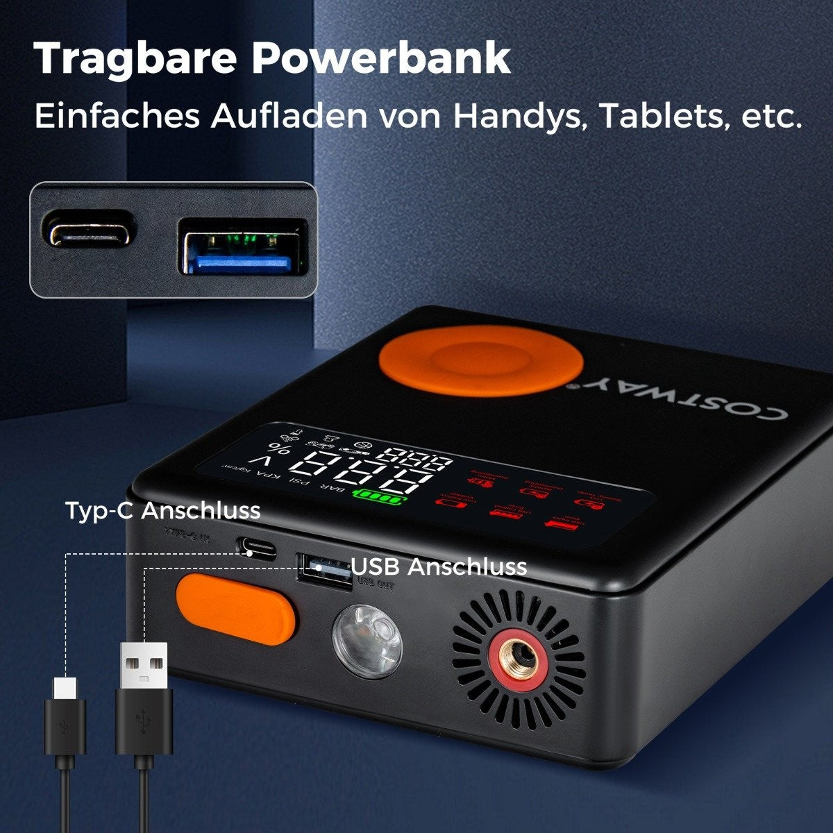 2000A 12V Car Battery Jump Starter with 150PSI Digital Tire Inflator & Air Compressor & LED Screen 13000mAh Power Bank