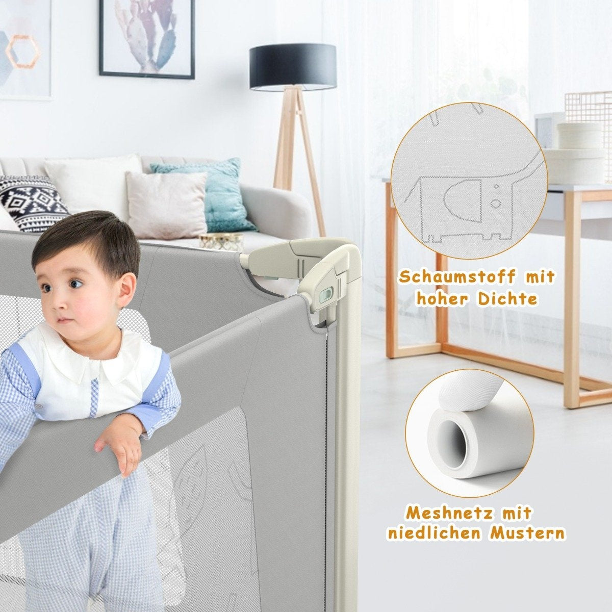 200 cm bed rail height adjustable bed guard with connection accessories gray