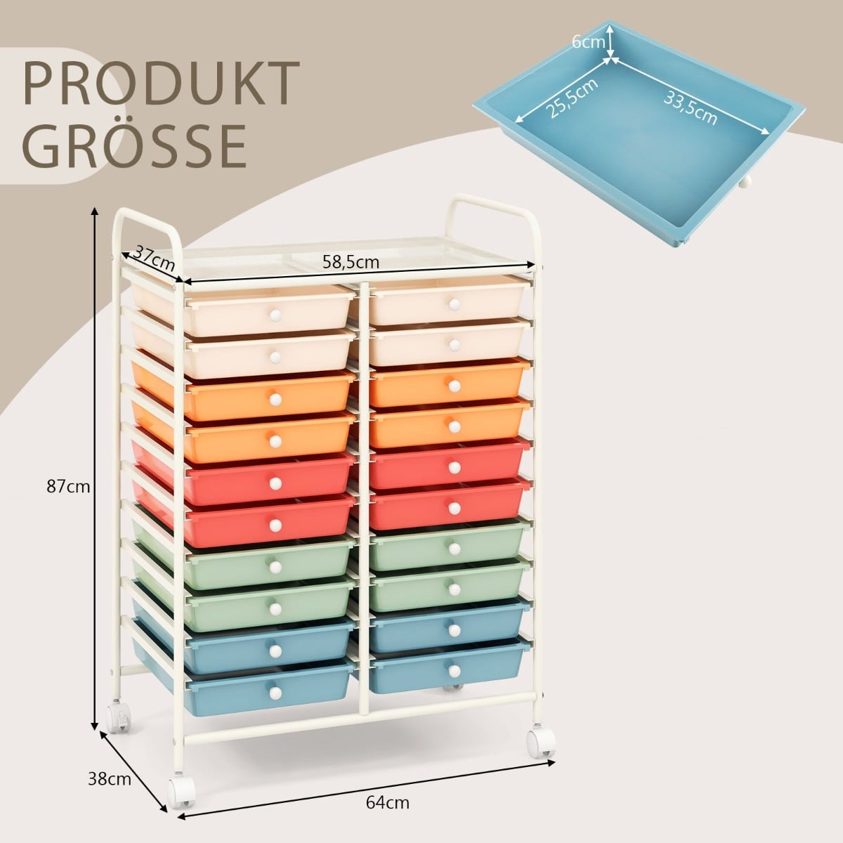 20-Drawer Rolling Cart with Metal Frame – Macaron Colors
