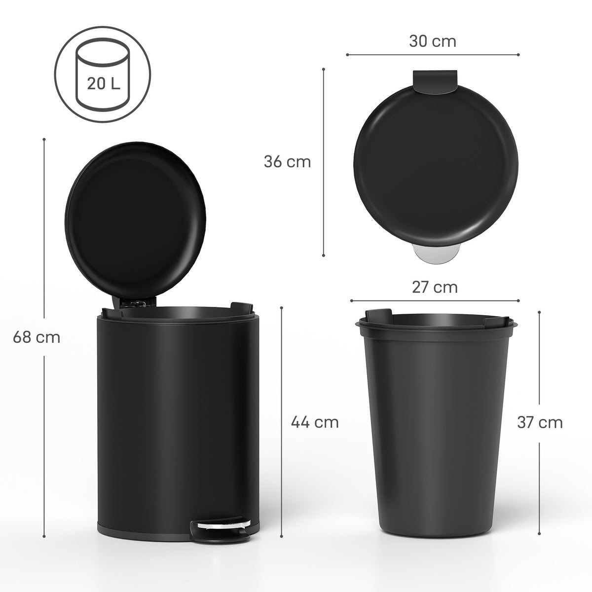 20L Pedal Trash Bin, Soft-Close Lid, Black Metal