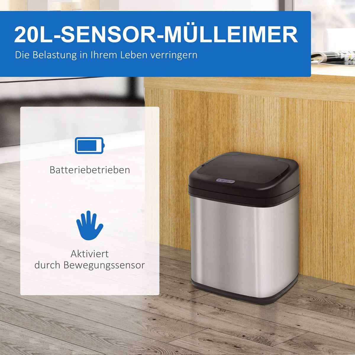 20L Stainless Steel Sensor Trash Can – Infrared, Battery-Operated
