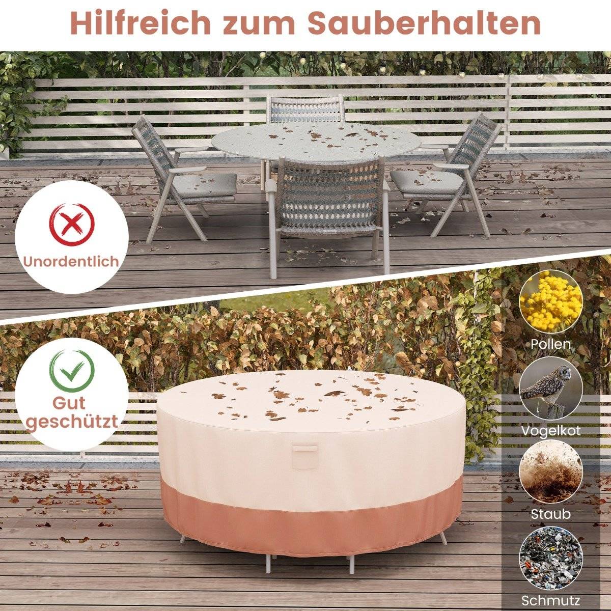 Ø 213 cm round patio furniture cover with ventilation slots & buckles & cords beige