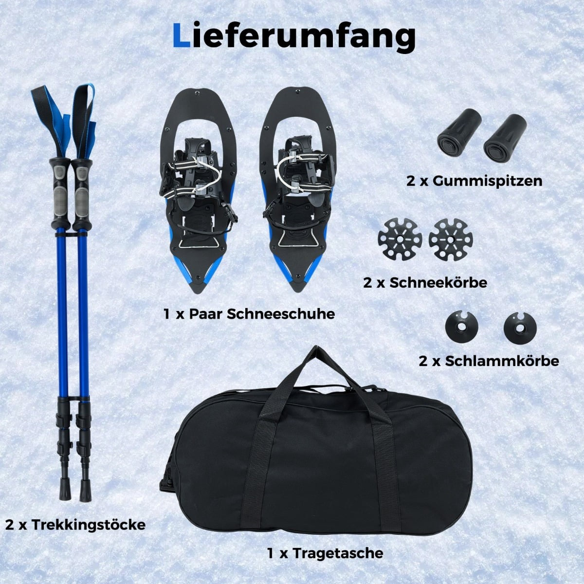 21" Snowshoes Set with Poles, Size 35-40, Blue