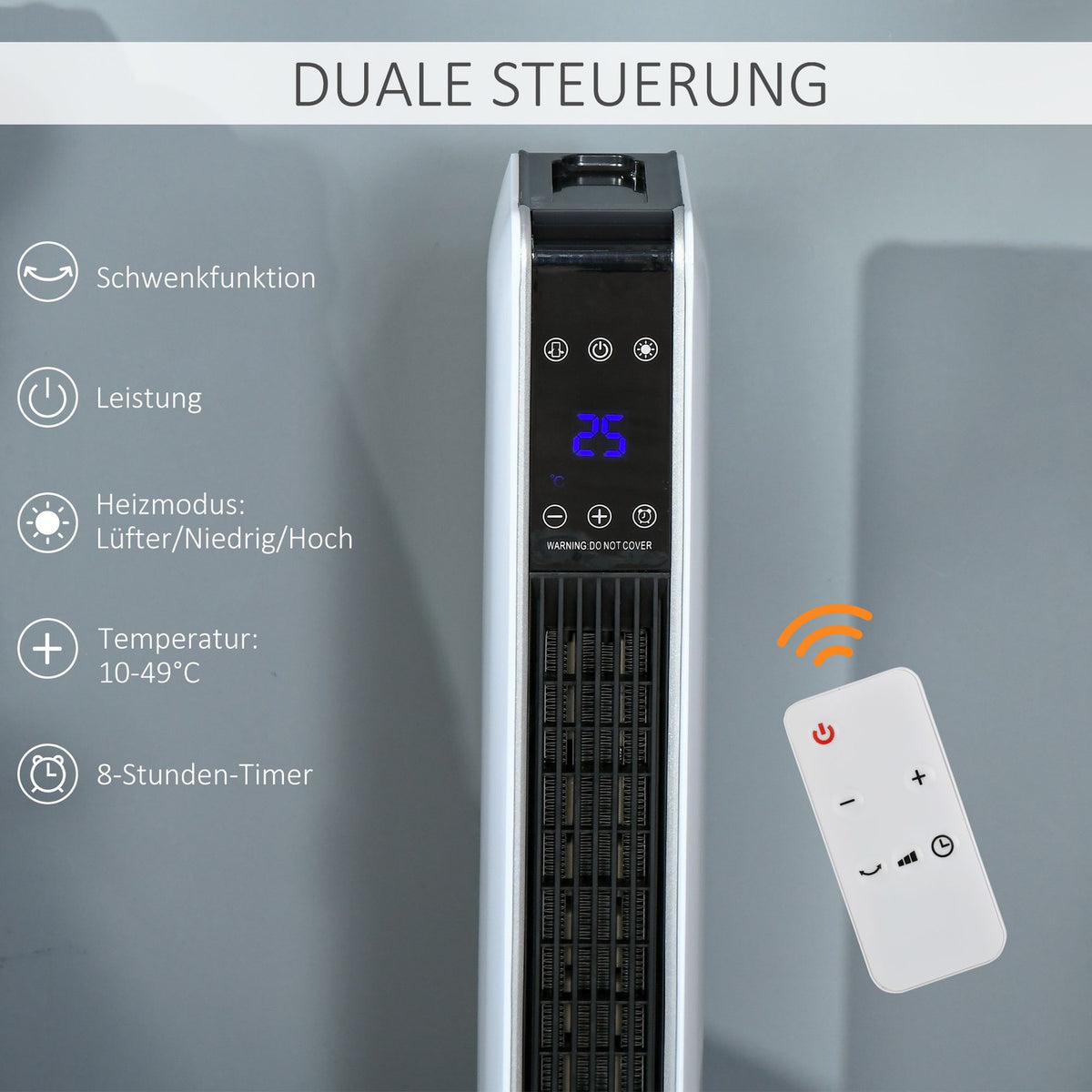 2200W Fan Heater Electric Heater With Remote Control 8-Hour Timer Oscillation Heater Abs Pa White + Black 21 X 21 X 73 Cm