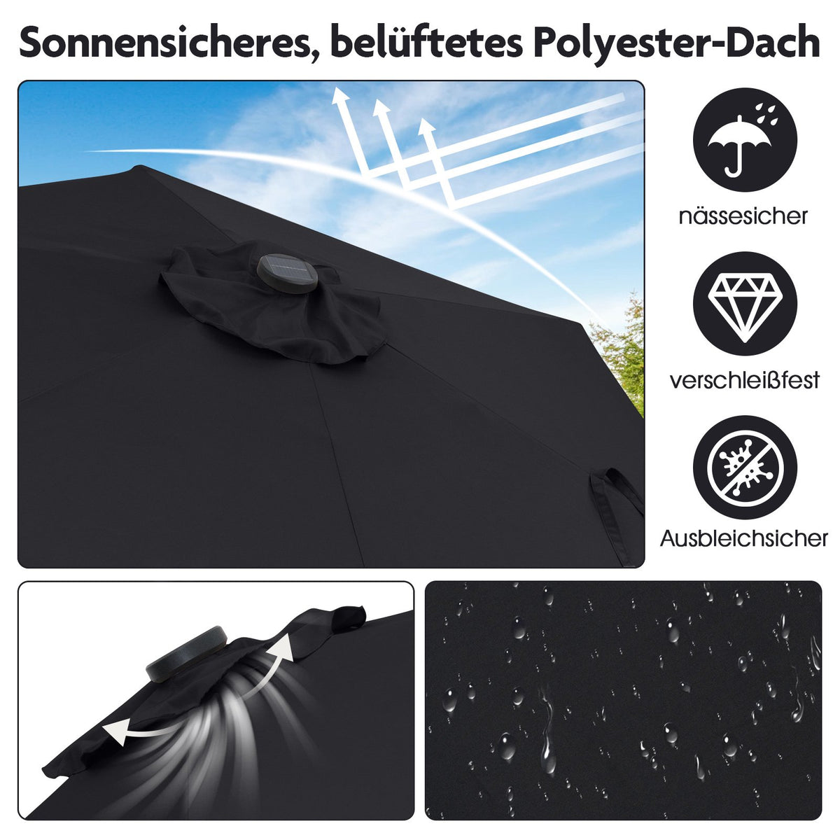 230 cm Black Patio Umbrella with LED Solar Lights