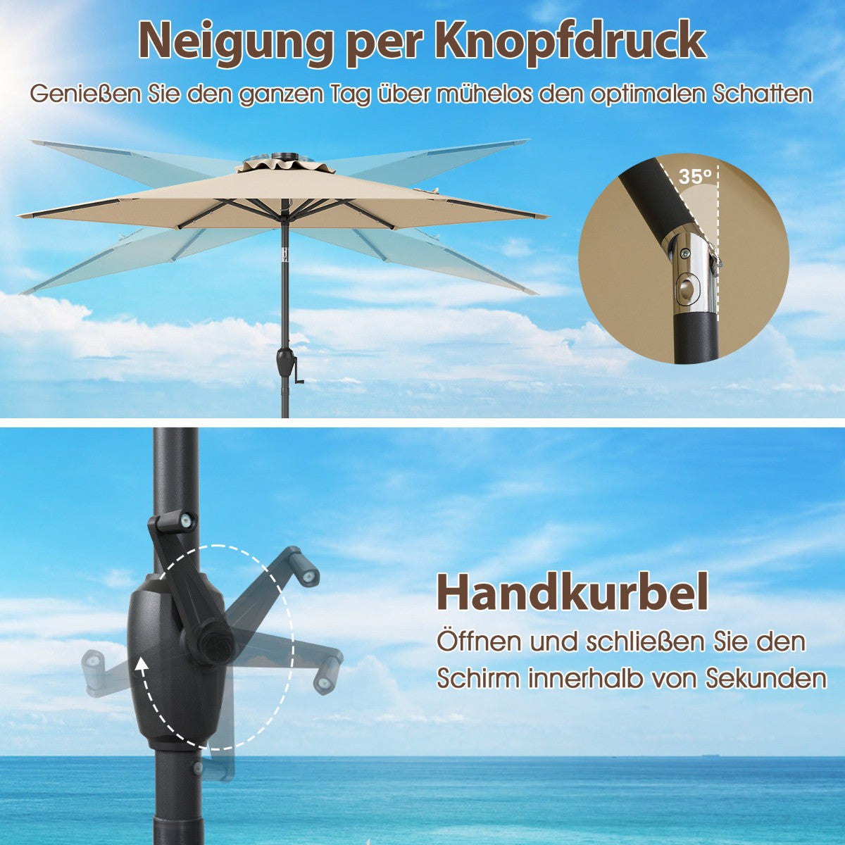 230 cm Patio Umbrella with LED Solar Lights & Crank