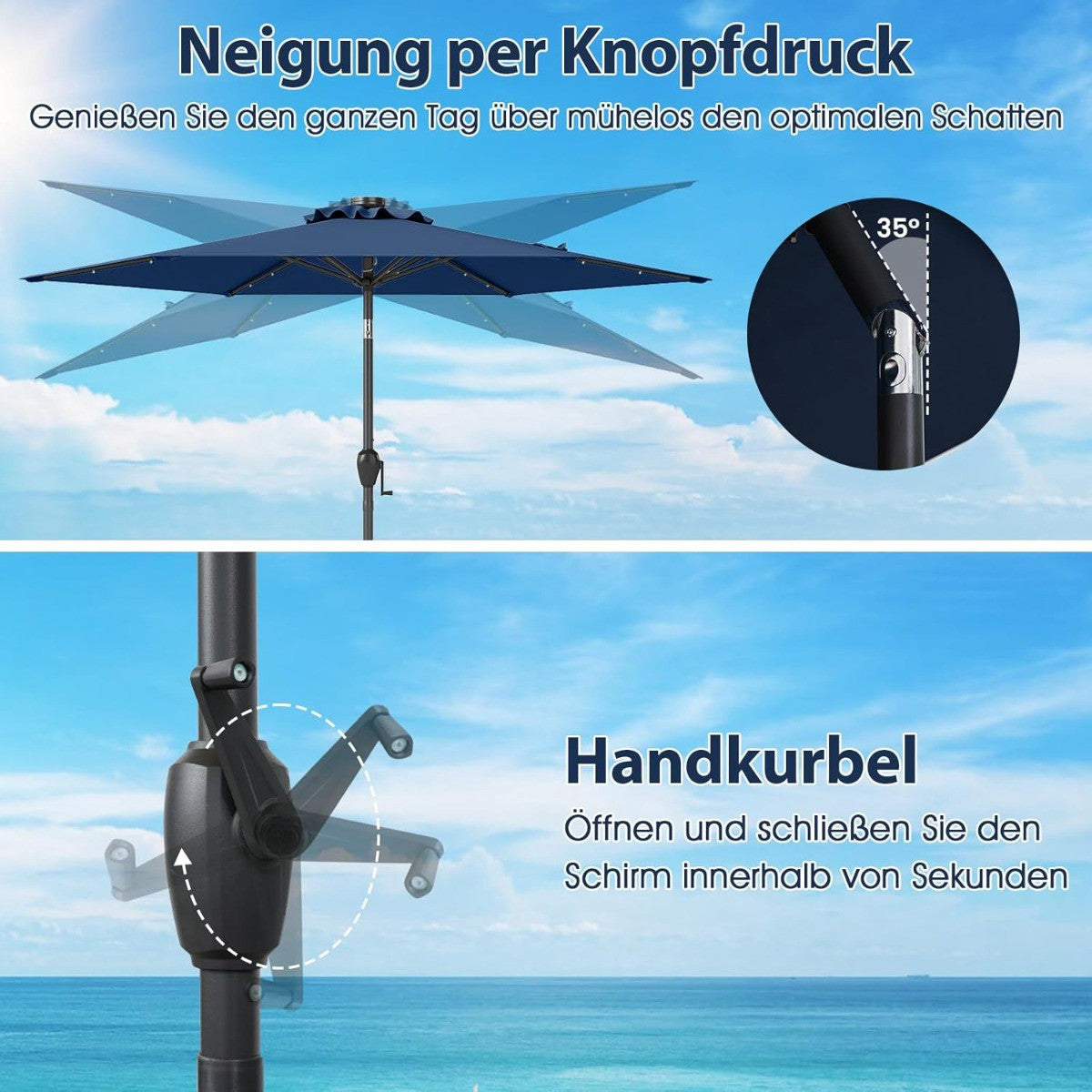 230 cm Patio Umbrella with LED Solar Lights, Navy Blue