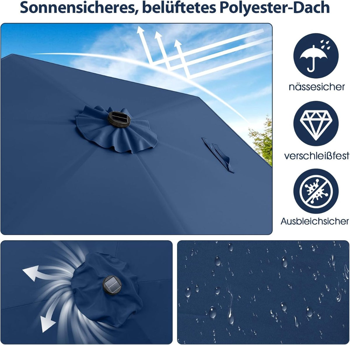 230 cm Patio Umbrella with LED Solar Lights, Navy Blue