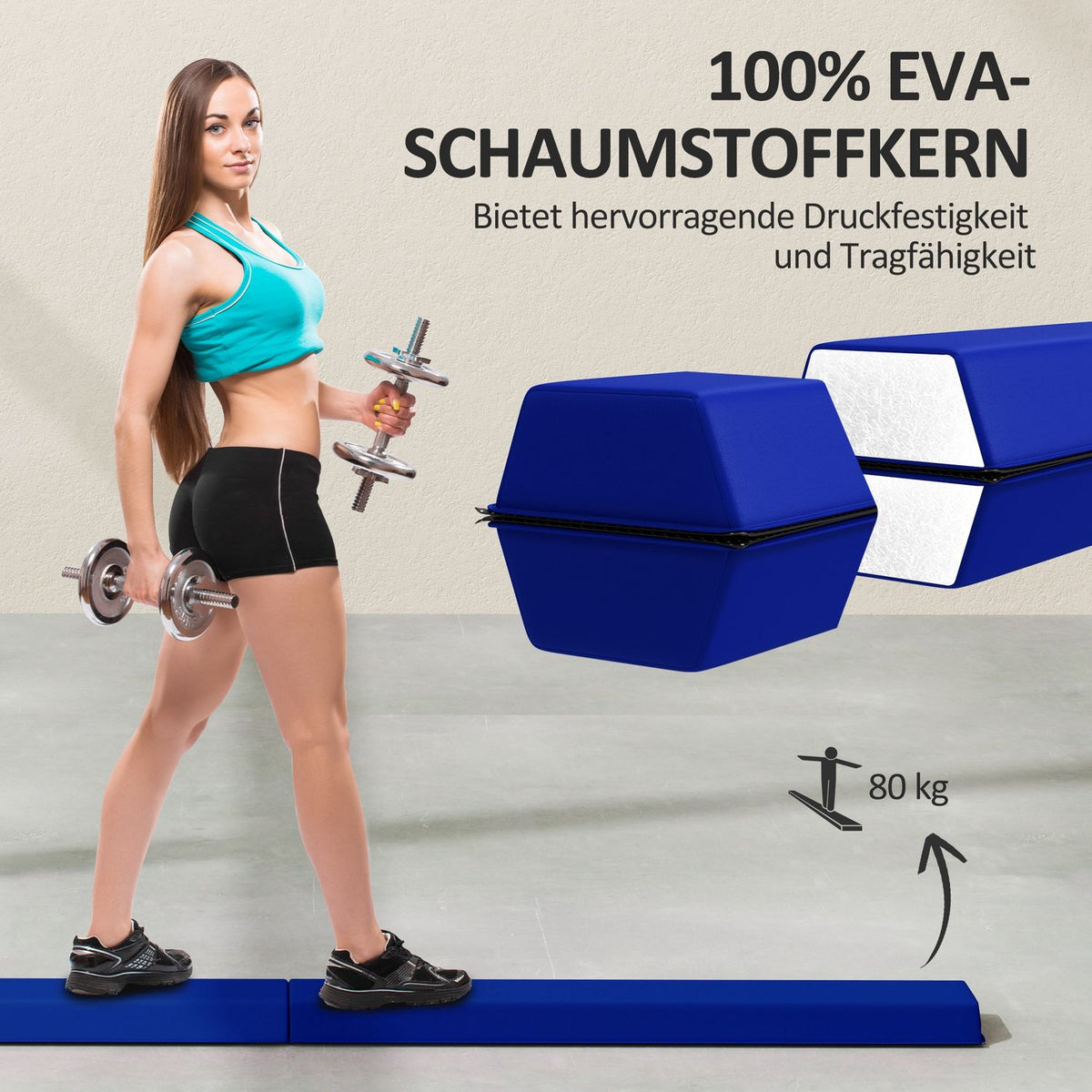 236 cm folding balance beam, portable gymnastics beam, non-slip balance beam, gymnastics and balancing beam up to 80 kg, for children aged 3 and over, indoor and outdoor, blue