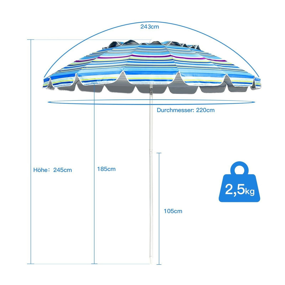 243cm beach parasol outdoor parasol beach umbrella aluminum tilting patio umbrella - light blue