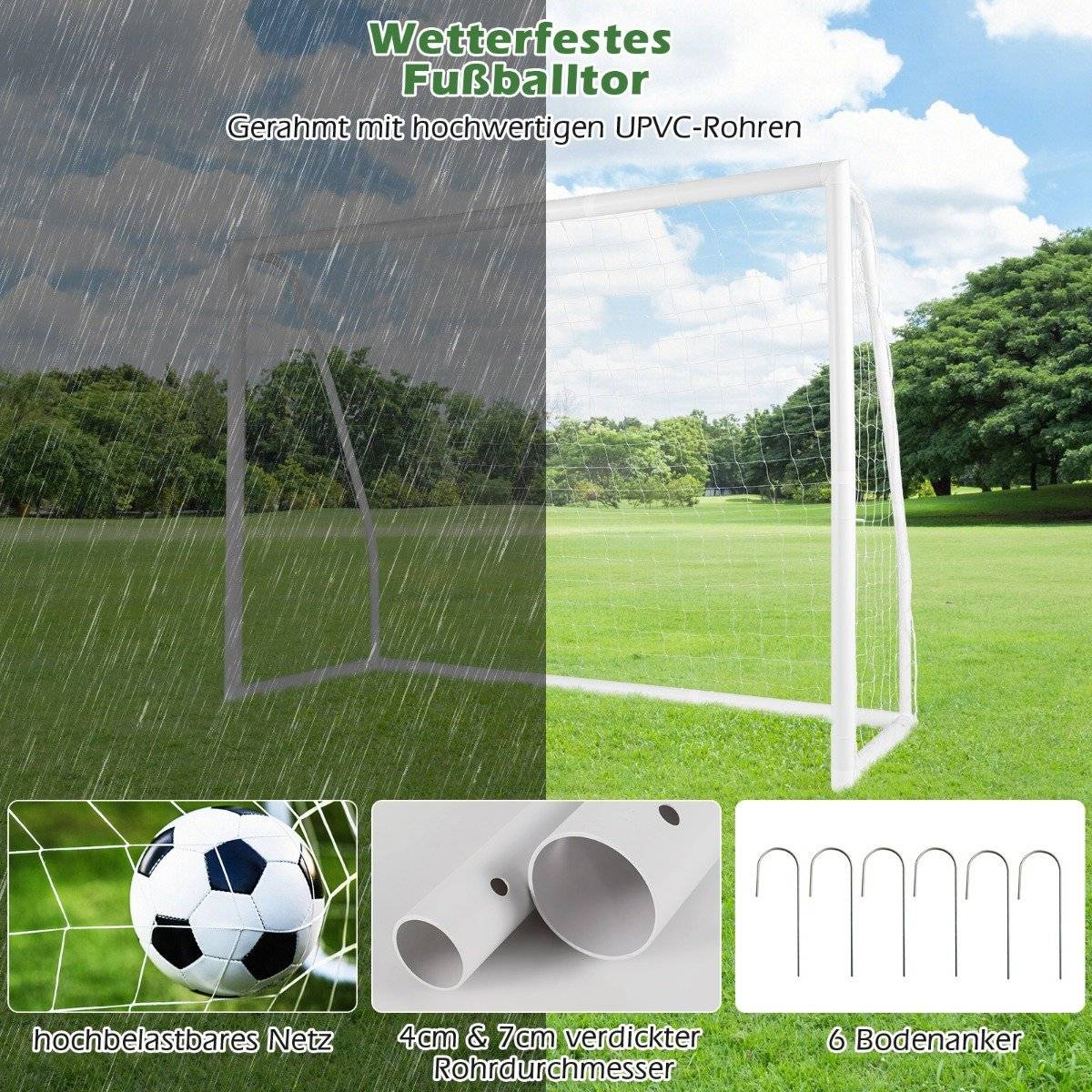 245 x 180 cm football goal with high-strength net & 6 ground spikes, weatherproof goal, football training