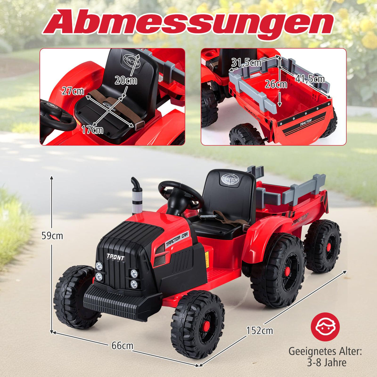 24V Kids Electric Tractor with Detachable Trailer, Red