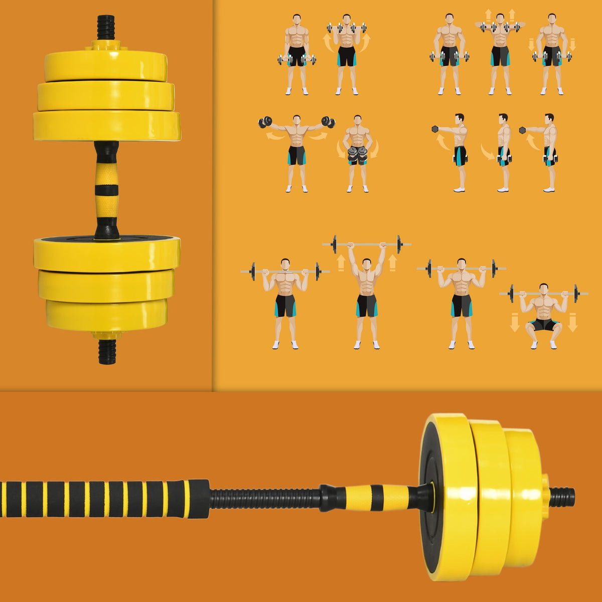 25 kg dumbbell set 3-in-1 adjustable ergonomic with 12 plates 2 short sticks and 1 long stick in yellow black for fitness