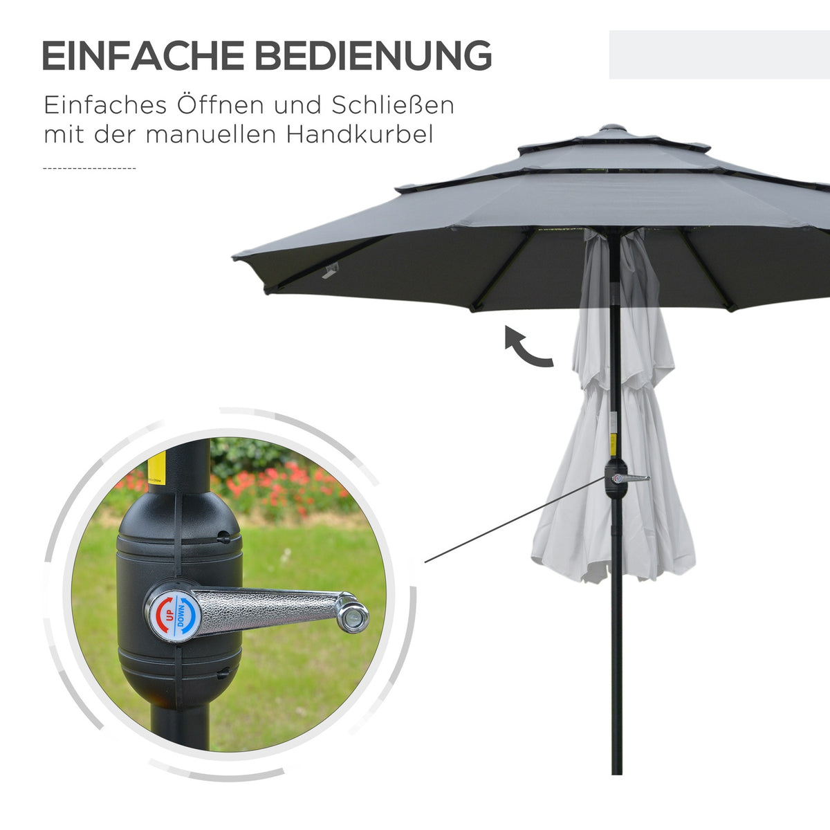 2.6M Parasol With 3 Tier Roof Hand Crank Patio Umbrella Rotating Market Umbrella 8 Ribs Garden Umbrella With Sun Protection Steel