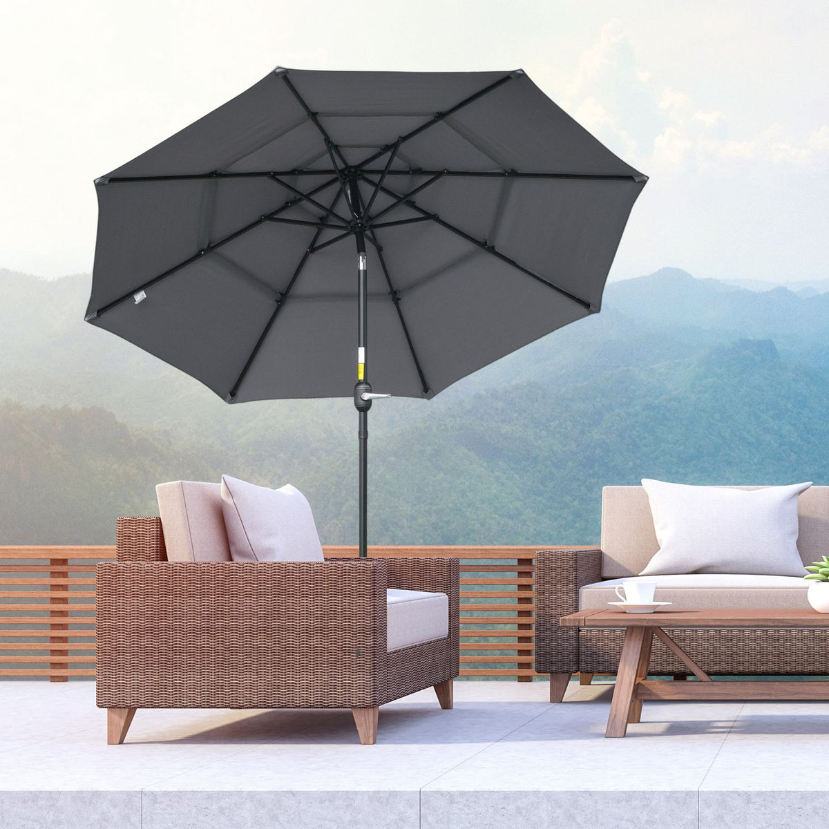 2.6M Parasol With 3 Tier Roof Hand Crank Patio Umbrella Rotating Market Umbrella 8 Ribs Garden Umbrella With Sun Protection Steel