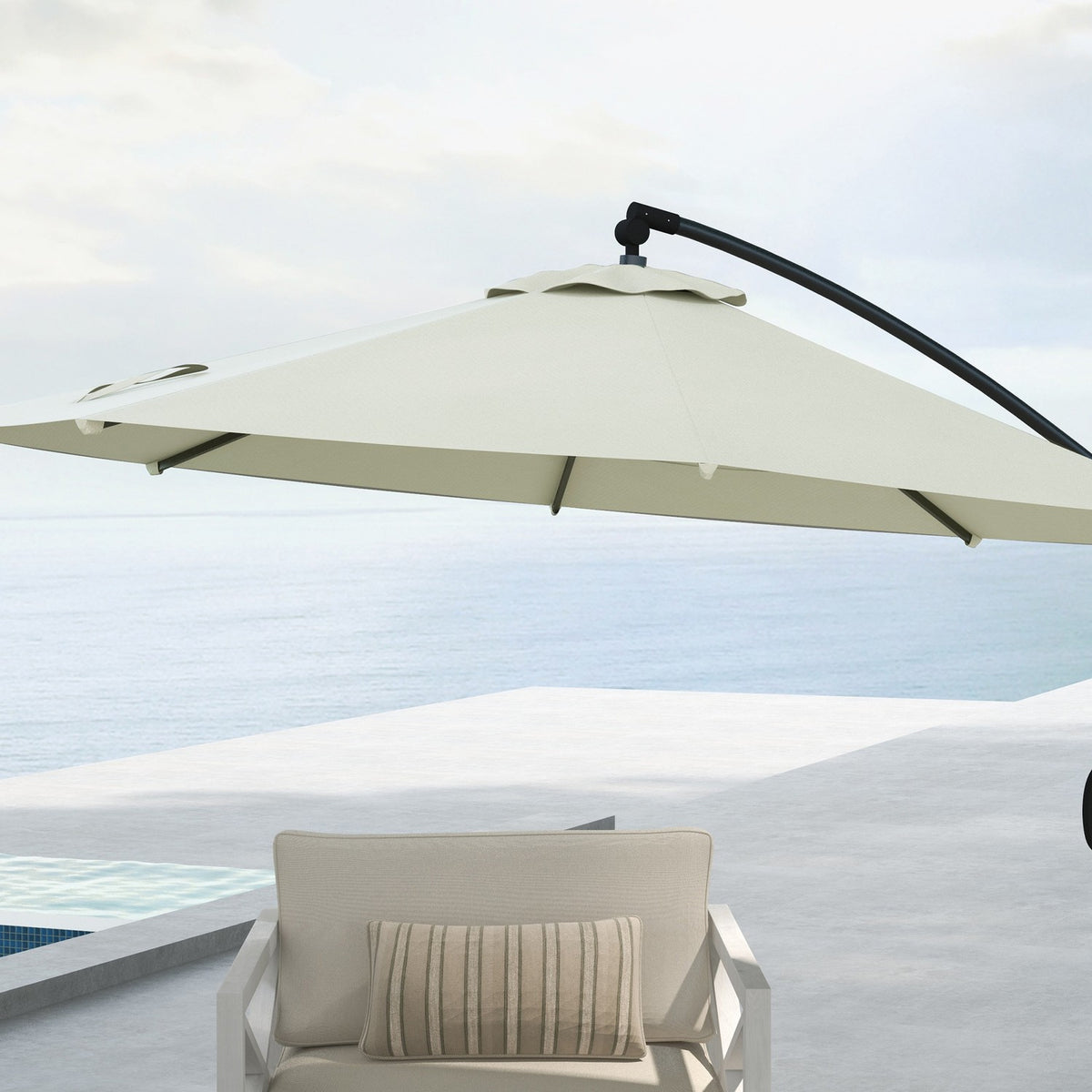 Ø293 Cm Cantilever Umbrella With Cross Base, Parasol With Crank, Tilt And 8 Ribs, Hanging Patio Umbrella, Cream