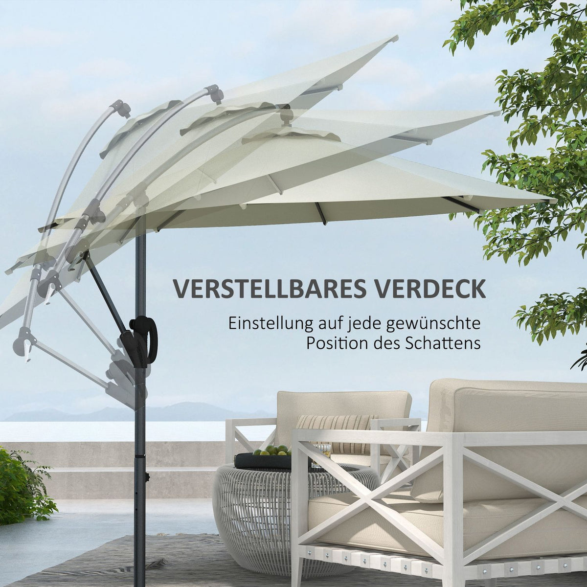Ø293 Cm Cantilever Umbrella With Cross Base, Parasol With Crank, Tilt And 8 Ribs, Hanging Patio Umbrella, Cream