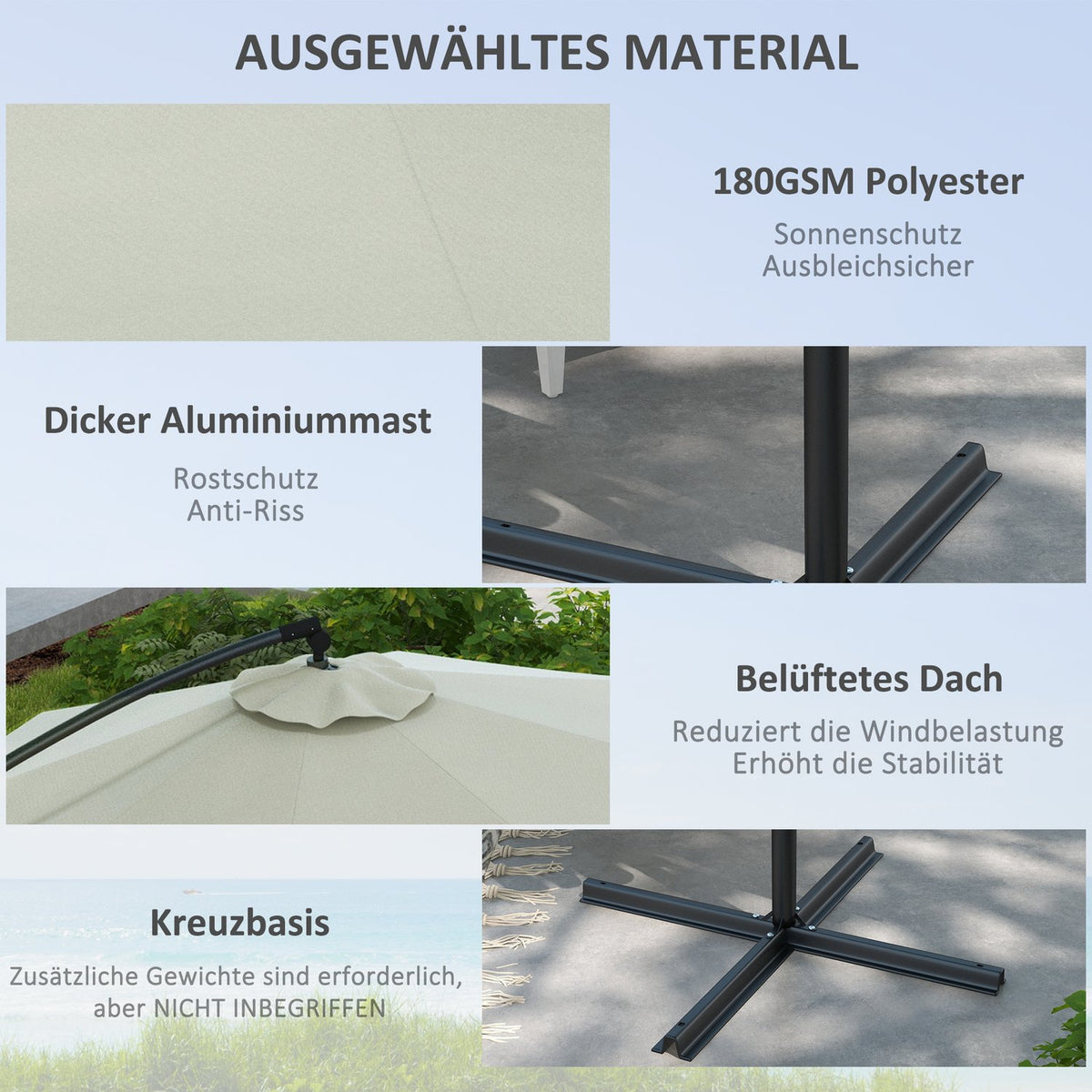 Ø293 Cm Cantilever Umbrella With Cross Base, Parasol With Crank, Tilt And 8 Ribs, Hanging Patio Umbrella, Cream