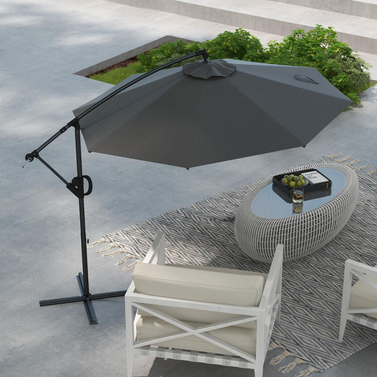 Ø293 Cm Cantilever Umbrella With Cross Base, Parasol With Crank, Tilt And 8 Ribs, Hanging Patio Umbrella