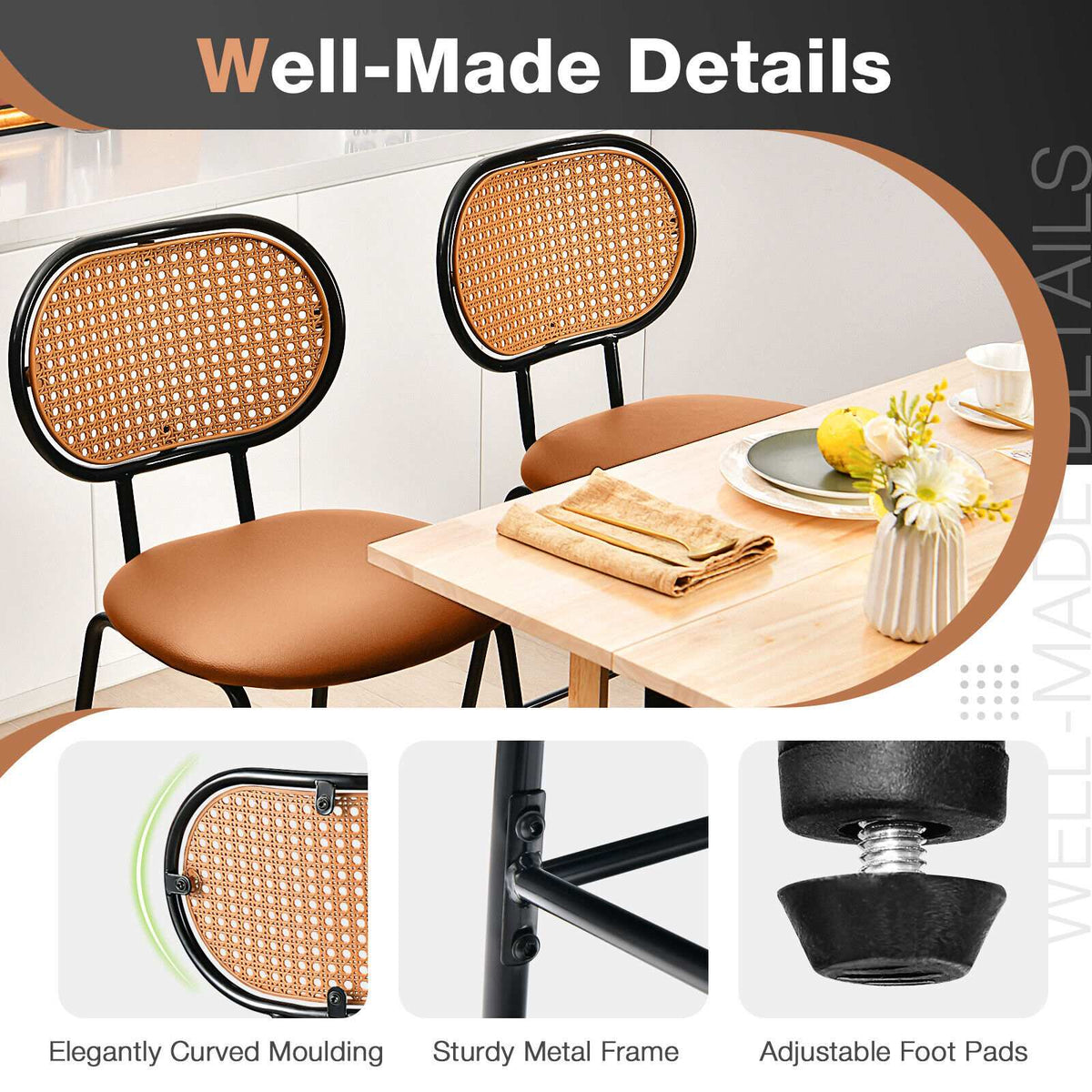 29.5-Inch Faux Leather Bar Stool, Rattan Back, Brown