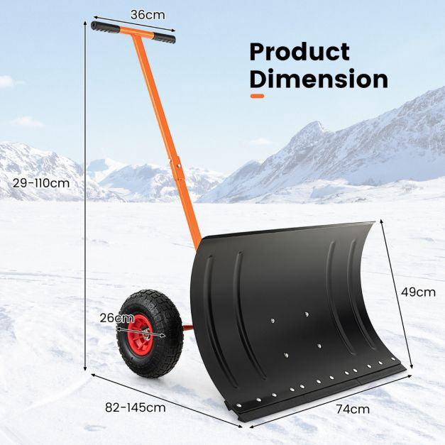 29-Inch Snow Pusher, Adjustable Handle, 10-Inch Wheels