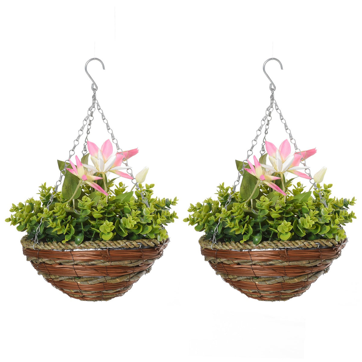 2 Artificial Hanging Plants Clematis In Pot With Hooks, Decoration, Pe, Pink+Green, 30X30X32Cm