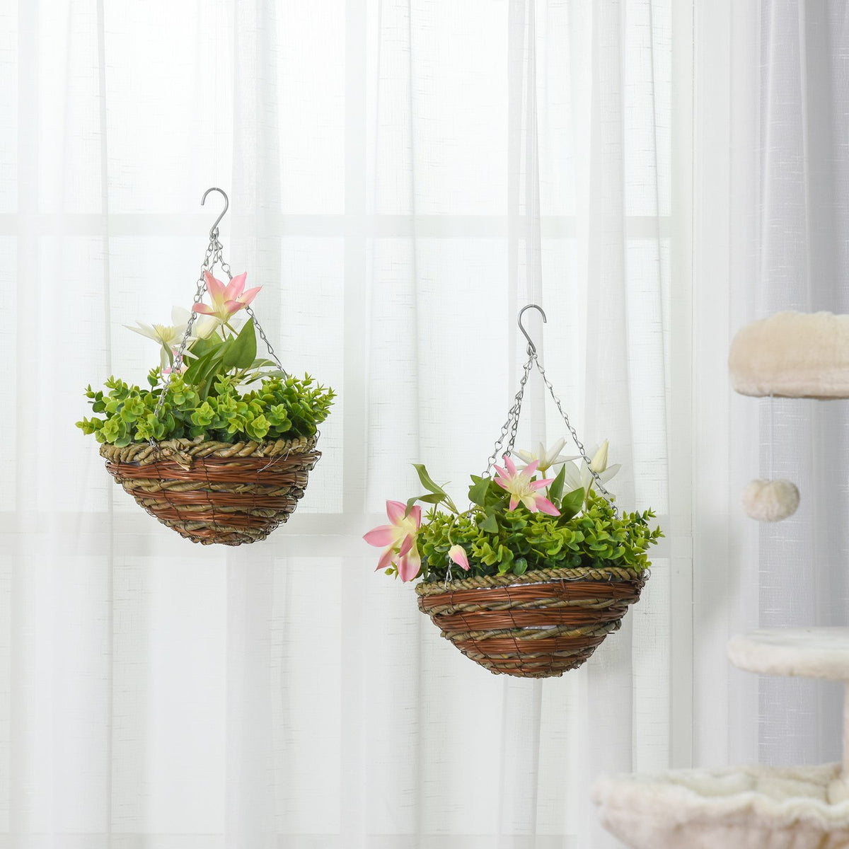 2 Artificial Hanging Plants Clematis In Pot With Hooks, Decoration, Pe, Pink+Green, 30X30X32Cm