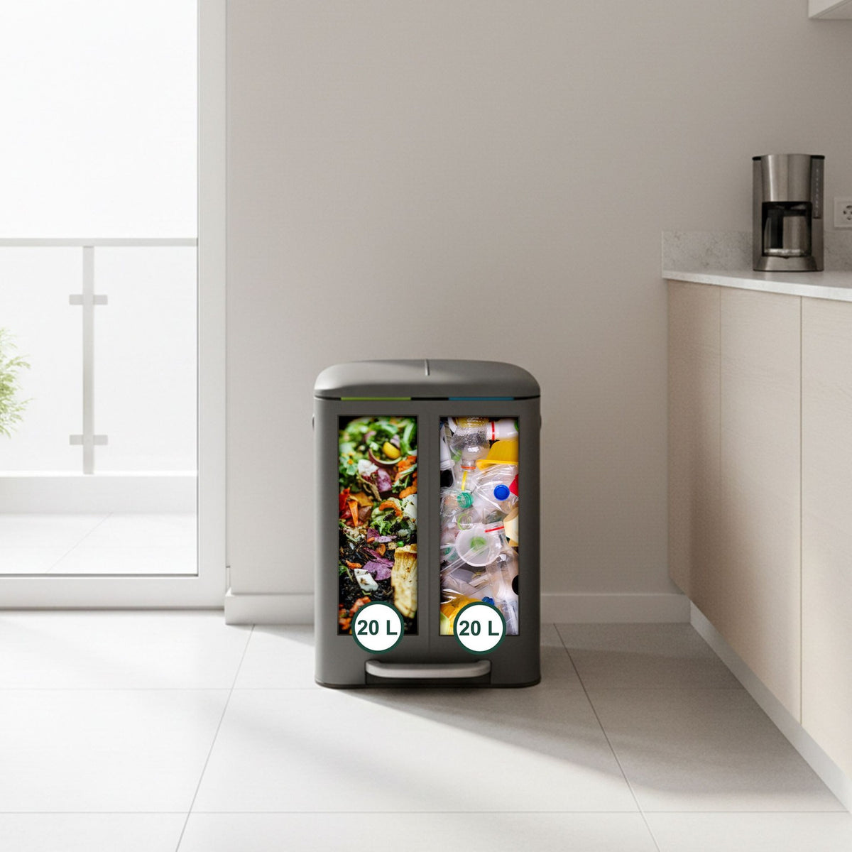 2-Compartment Kitchen Waste Bin, Soft-Close, Pedal-Operated