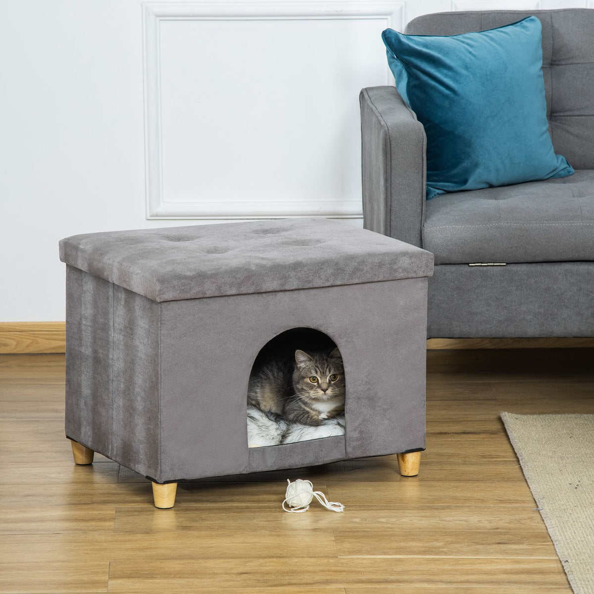2-In-1 Cat Cave Footstool With Cushion Wooden Legs Cat House Cat Basket Soft Padded Ottoman Elegant Design Removable Mdf Plush Grey